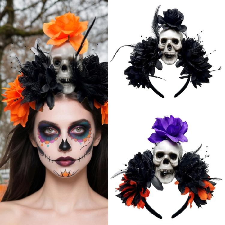 Punk Skull Hairband With Simulation Flower Halloween Headwear For Dancing Roleplay Event and Gothic Photography Supply