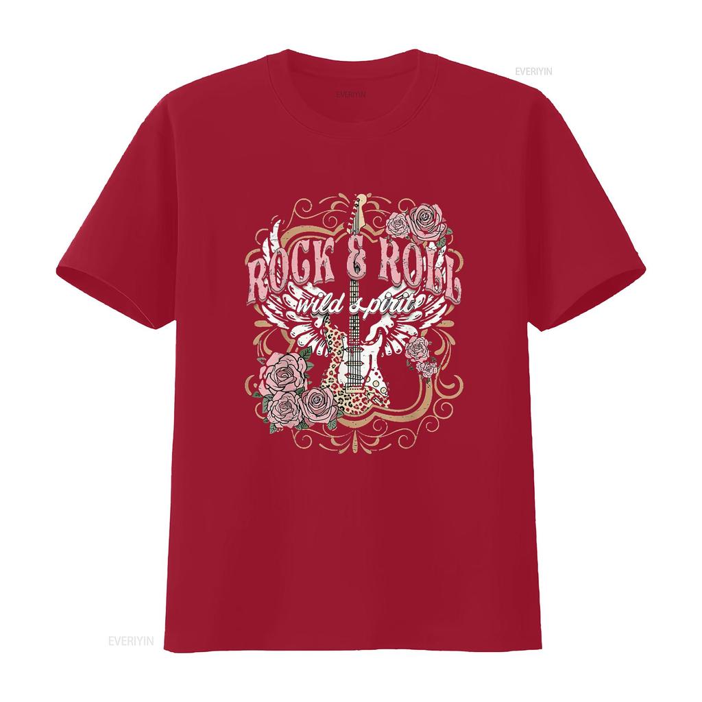 Damen Rock And Roll Wild Spirit Boho Engelsflügel Floral Gitarre T-Shirt Schwarz vintage Gewaschenes Oberteil Für den Alltag Dehnbar