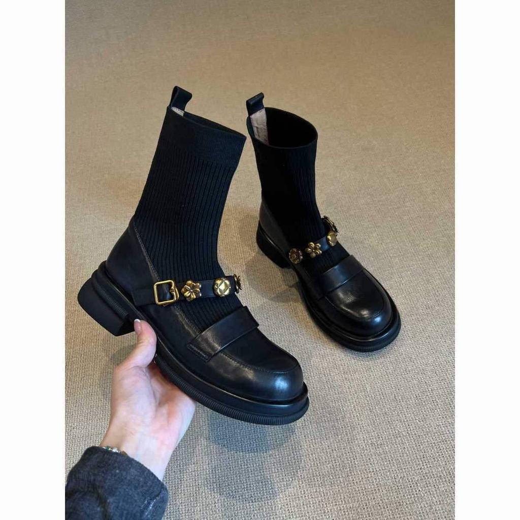 Thick-soled metal buckle elastic short boots retro college style knitted thin boots women's versatile loafers boots
