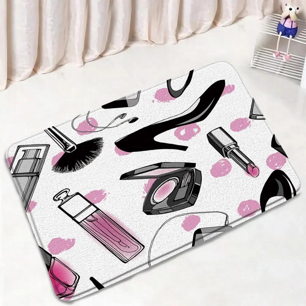 Pink Perfume Bath Mat Set Black White Striped Fashion High Heel Woman Girl Home Carpet Bathroom Decor Non-slip Rug Toilet Cover