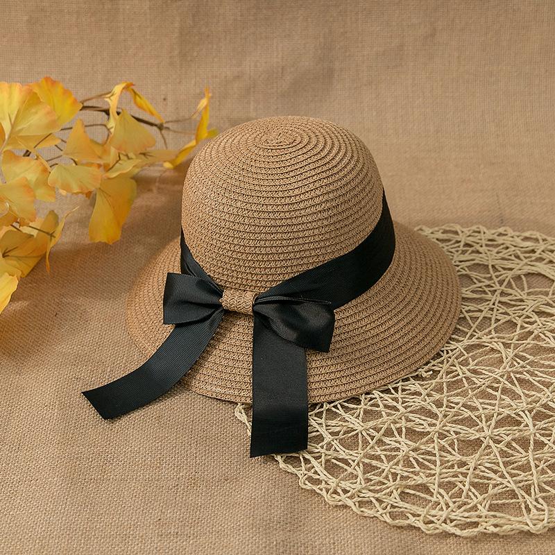 Women's Boho Bowknot Straw Hat, Simple Solid Color Wide Brim Sun Hat for Outdoor Travel and Beach, Elegant Summer Accessory for Daily Use