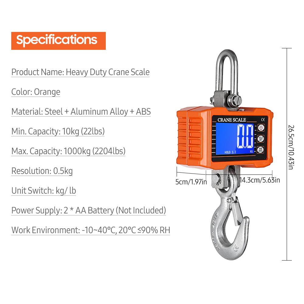 Digitale Hängewaage 1000kg/ 2204lbs Tragbar Schwerlast Kranwaage LCD Hintergrundbeleuchtung Industriewaage mit Haken Einheitenumschaltung/Datenhaltefunktion