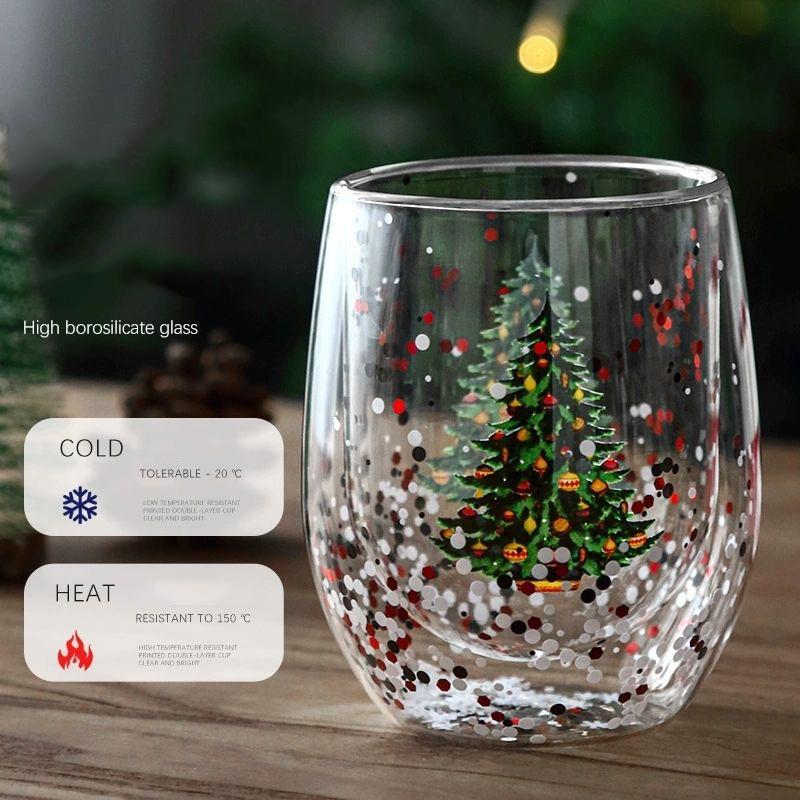 300ml Christmas Glass Cup Double Wall Glass Flowing sequins Christmas tree snowman Heat Resistant Coffee Cup Milk Juice Mug Gift