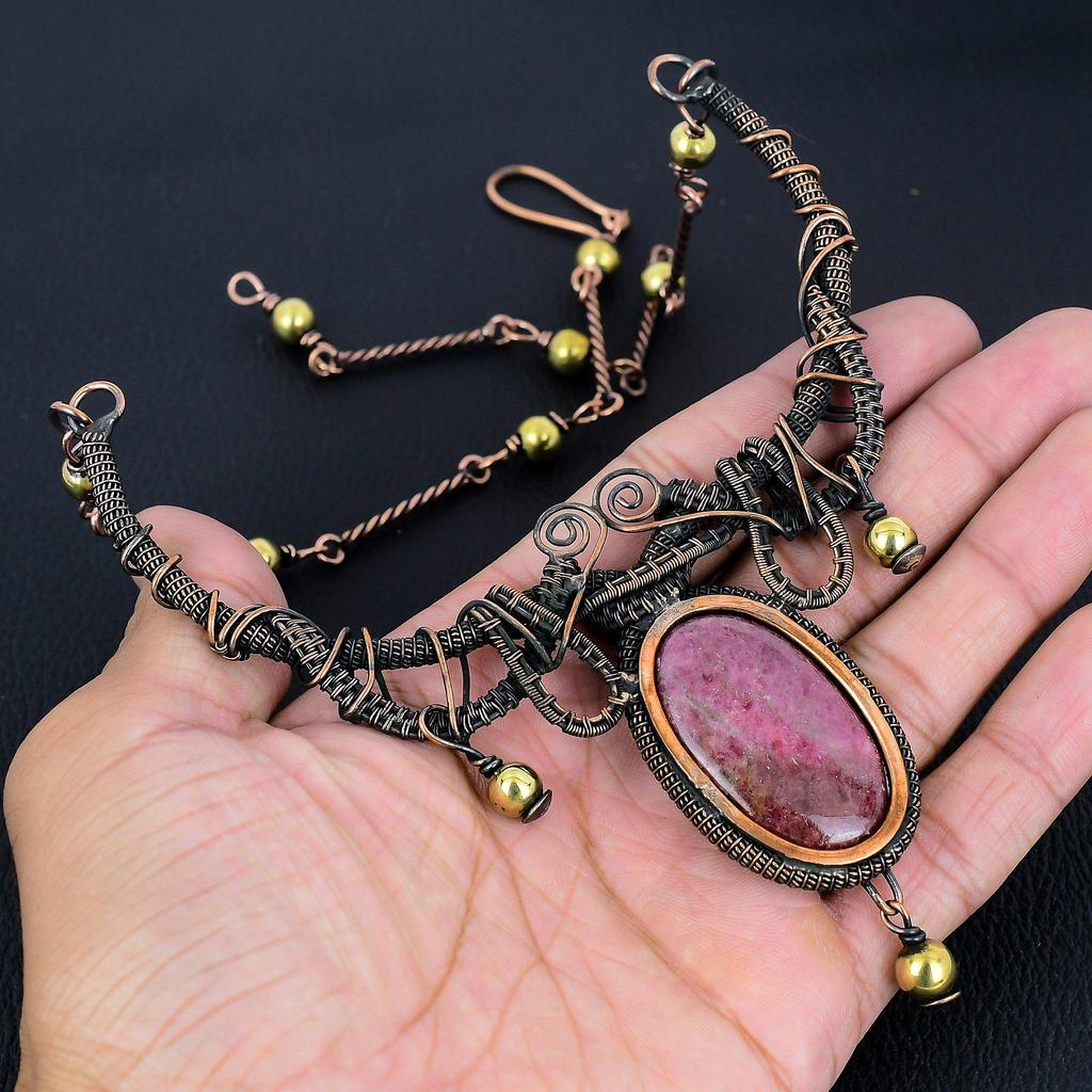 Rhodonite Necklace Gemstone Jewelry, 999 Copper Wire Wrapped Necklace, Adjustable Handmade Chain Necklace Gift For Wife Jewelry