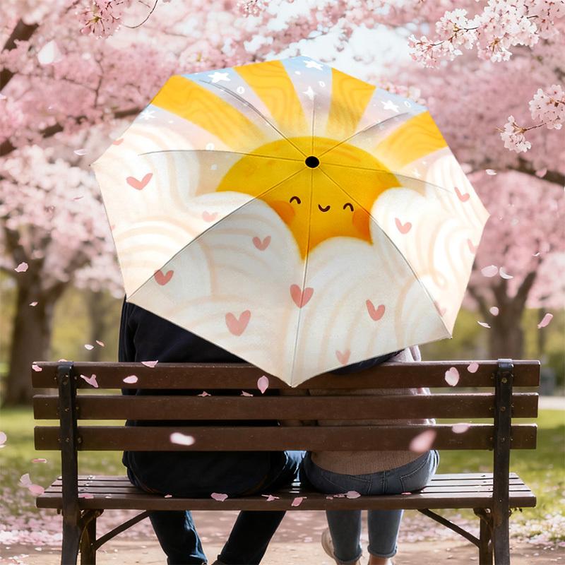 1pc Sunshine Clouds Automatic Folding Umbrella 8 Rib Iron Frame,  Suitable for Travel, Daily Use, Birthday, Women & Men Gift