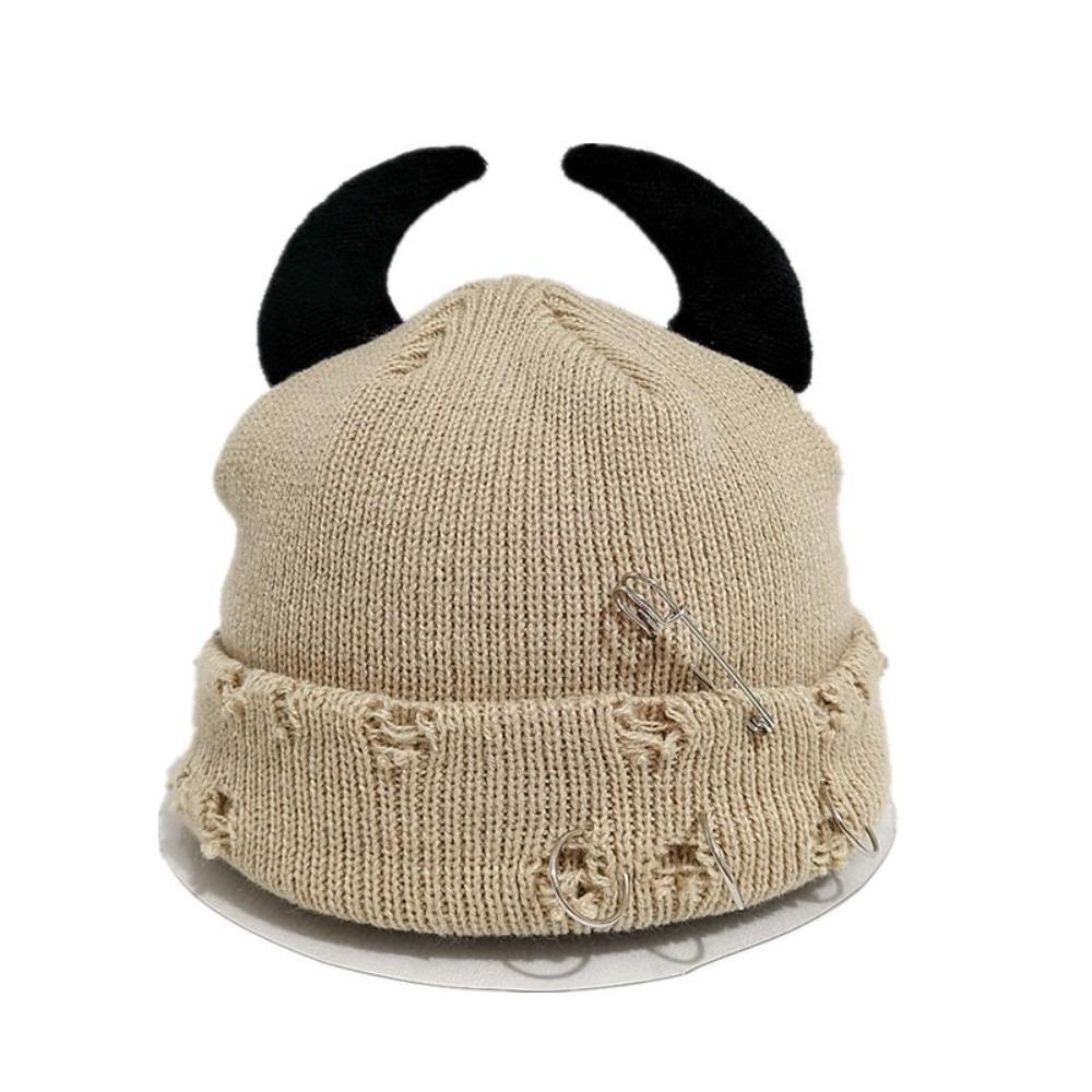 Yarn Winter Pullover Cap Solid Color Knitted Beanie Punk Devil Horns Hat Autumn/Winter