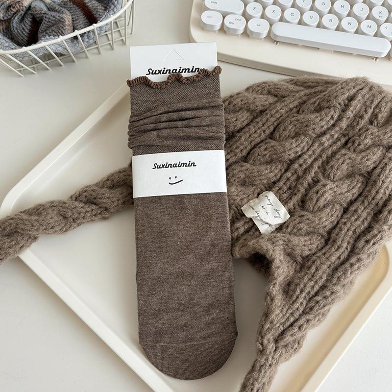 

Socks Women s autumn and winter bud fungus edge solid color confinement socks cotton versatile boneless medium tube stacking socks One size fits all