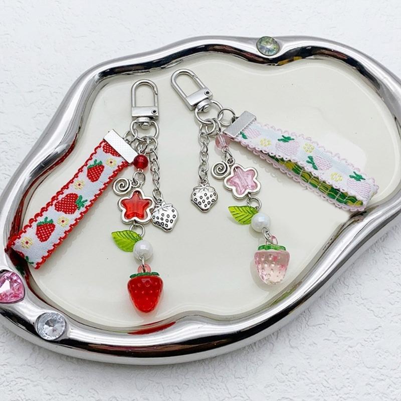 Lace Ribbon Keyring Cute Sweet Strawberry Pendant Keychain Colorful Beaded Phone Lanyard Multi-Functional Bags Accessories