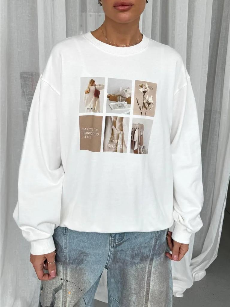 Women's Crew Neck Long Sleeve Sweatshirt Loose Fit Casual Style Photo Graphic Print Pullover Top