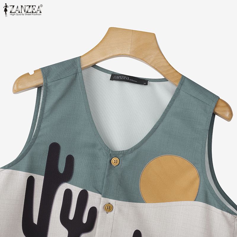 ZANZEA Women Casual V-neck Summer Sleeveless Print Tank Tops