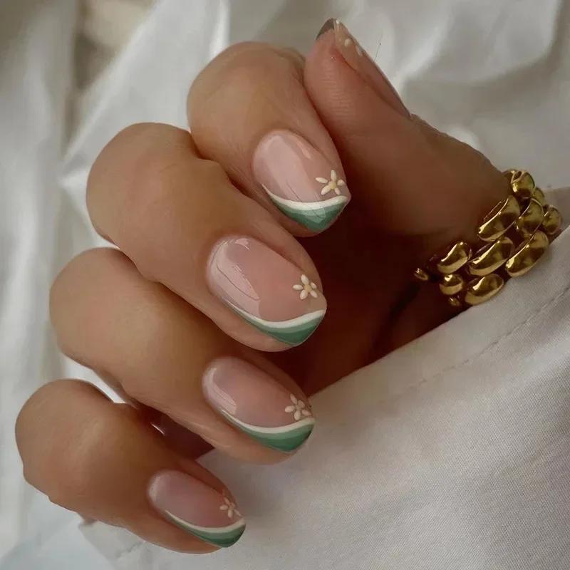 24Pcs Simple Square False Nails Short French Fake Nails Press On Colorful Flowers Design Full Cover Nail Tips Manicure Tools