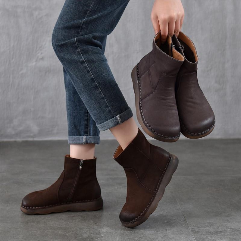 Johnature Versatile Women's Short Boots Round Toe Side Zipper Retro Genuine Leather Flat Boots