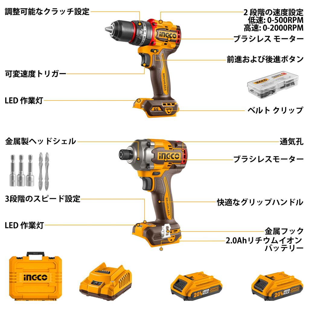 INGCO 20V Cordless Brushless Combo Drill and Impact Driver Twin Kit CKLI20277