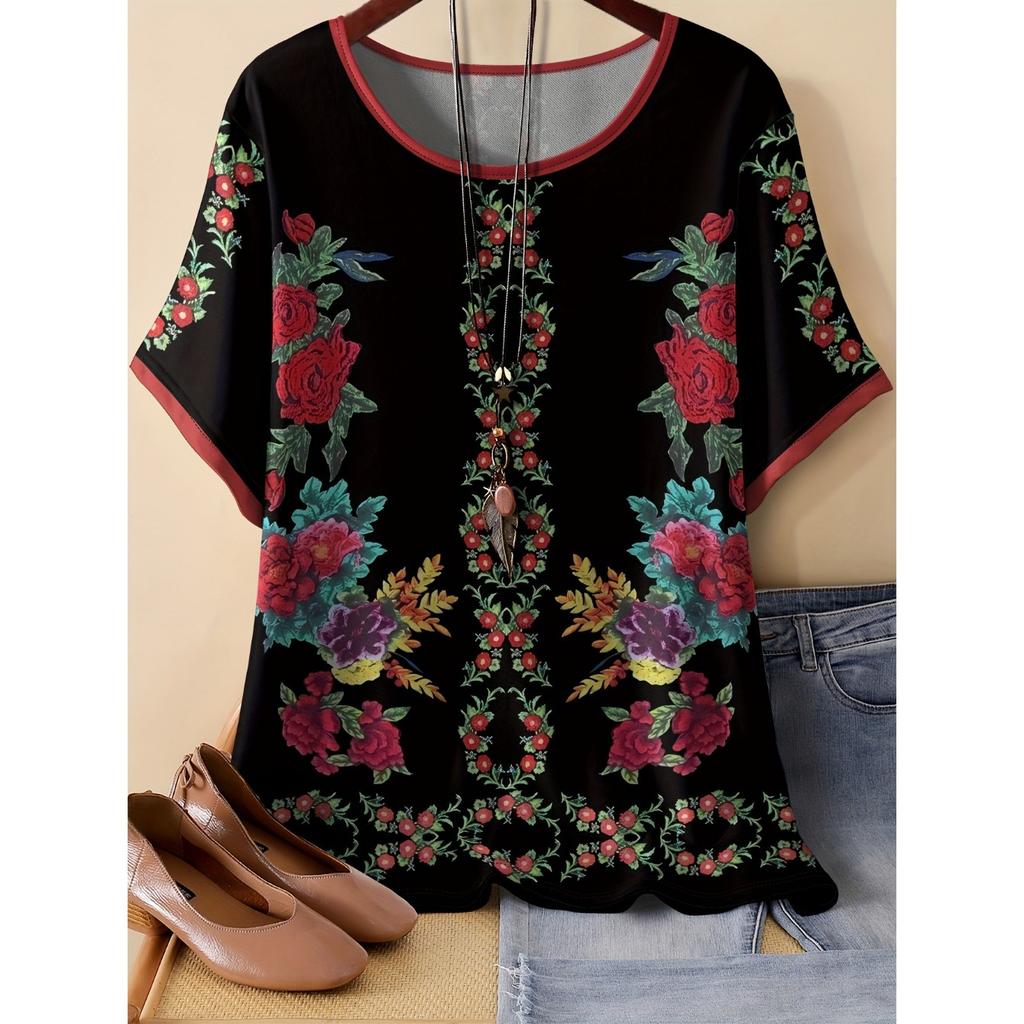 Summer Round Neck 3D Flower Pattern Print Top Fashionable Casual Short Sleeved Women's T-shirts