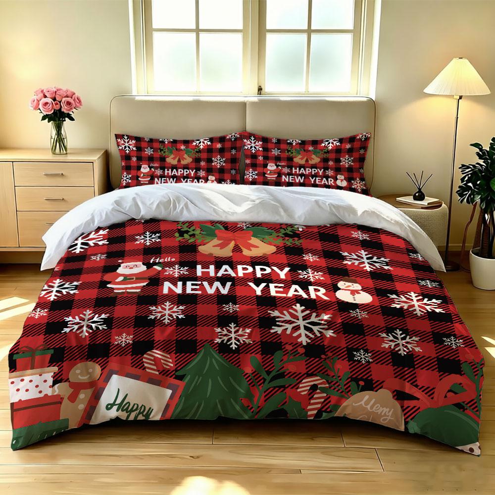 3pcs(1 bedspread + 2 pillowcases) in red and black plaid, perfect for Christmas and New Year decorations for home use