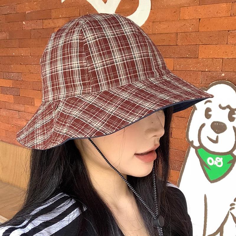 Japanese Style Retro Plaid Double Sided Fisherman's Hat New Fashionable Outdoor Large Brimmed Sun Hat Sun Protection Basin Hat Trendy