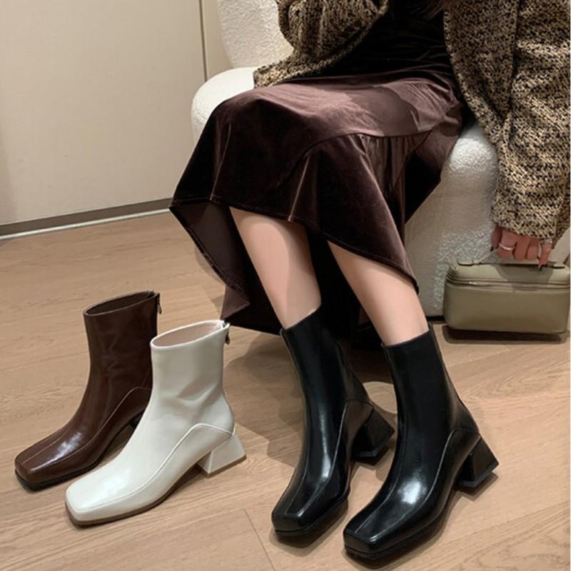 Women's boots thick heel square head short boots rear zipper leather boots versatile Korean women's leather boots