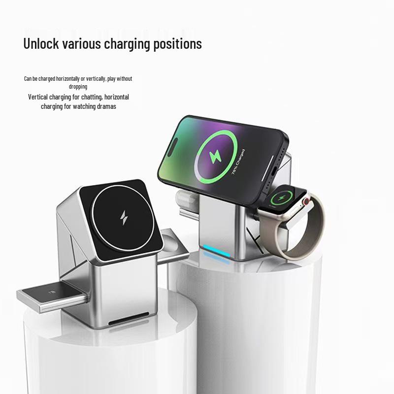 R28 3-in-1 Rotating Magnetic Wireless Charger for Apple Watch, iPhone, and Fast Charging Stand