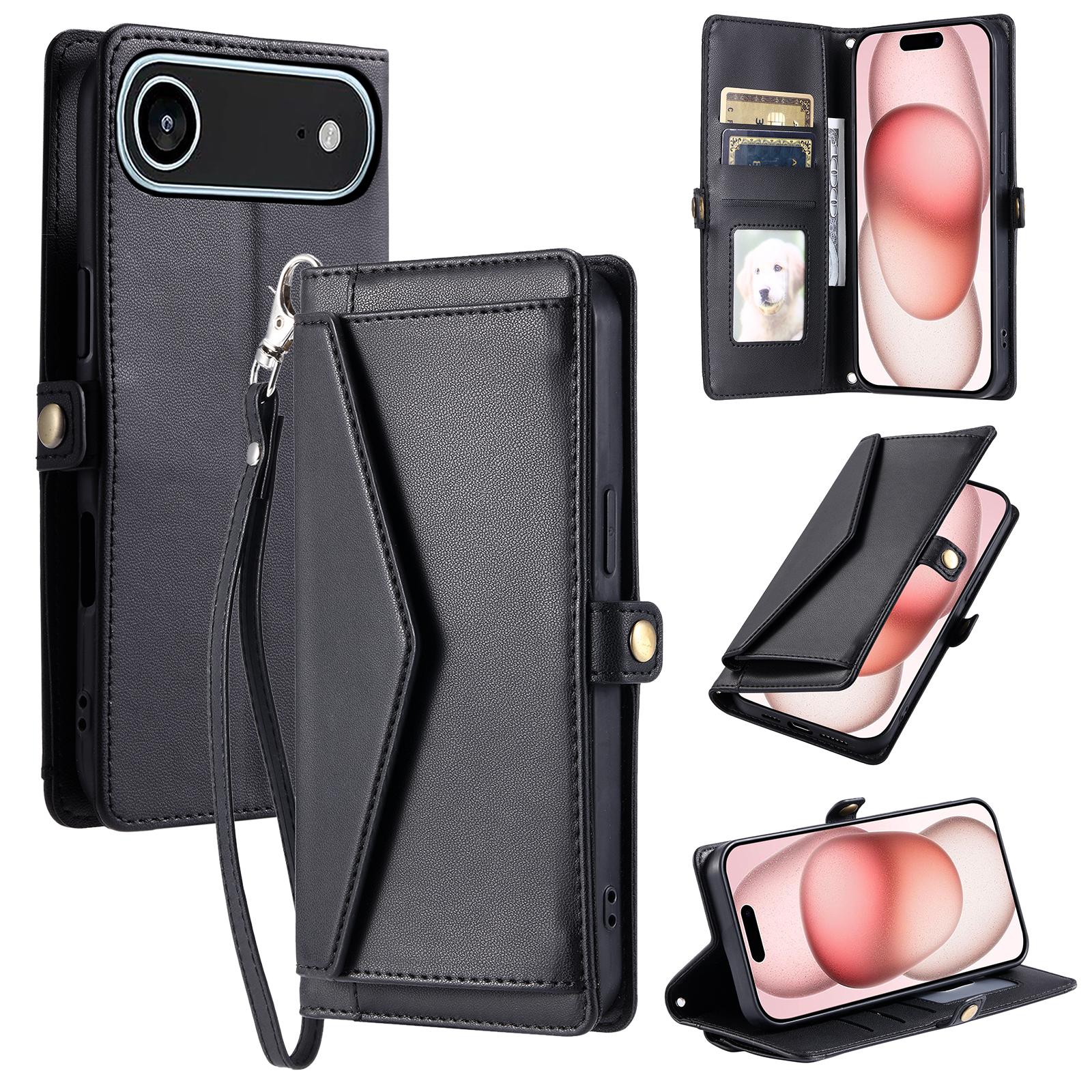 

For iPhone 17 Air Leather Case with Wrist Strap Wallet Stand Phone Cover Black