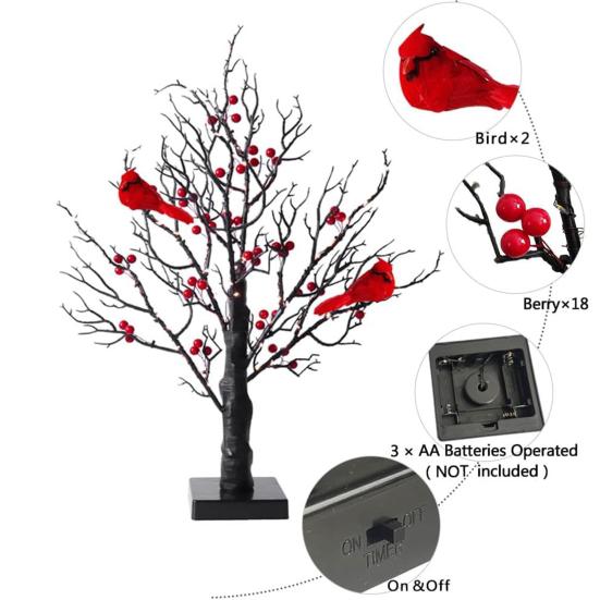 LED Vintage Glowing Tree with Cardinals Battery Operated Twinkle Trees Lamp with Lighted Branches Christmas Halloween Decorations