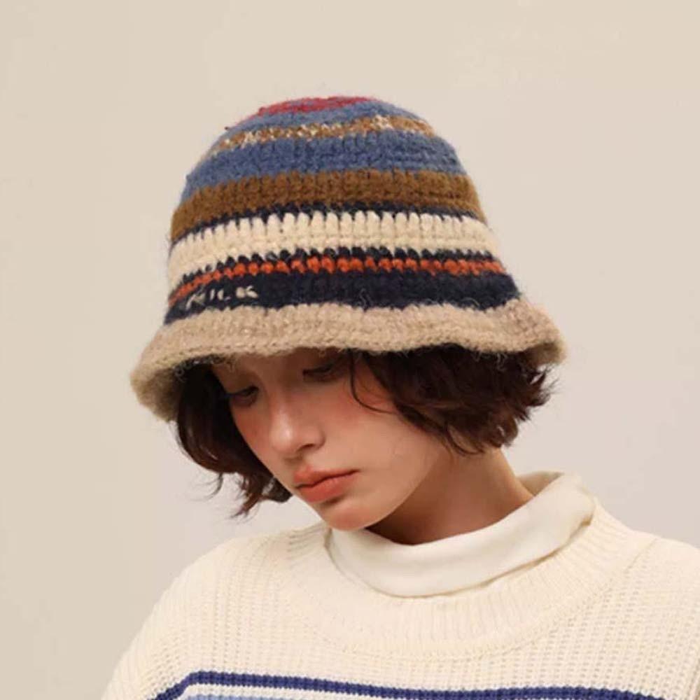Anti-cold Knitted Bucket Hat Warm Woven Basin Cap Seaside Beach Cap Striped Fisherman Hat  Vacation