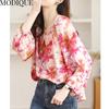 MODIQUE Spring Summer Plus Size Women Casual Loose Elegant Cotton Linen Chiffon Floral Print Puff Sleeve Blouse Shirts Lady Oversize O-Neck Coats