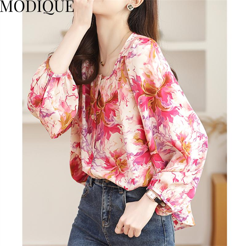 MODIQUE Spring Summer Plus Size Women Casual Loose Elegant Cotton Linen Chiffon Floral Print Puff Sleeve Blouse Shirts Lady Oversize O-Neck Coats