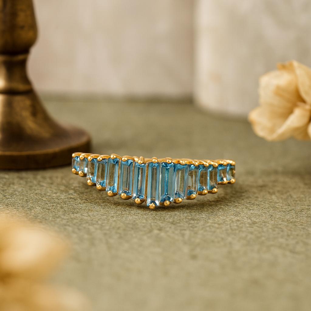 Wedding Engagement Anniversary Promise Gift – Vintage Teal Sapphire Baguette Engagement Ring, Yellow Gold Plated Art Deco Cluster Jewelry