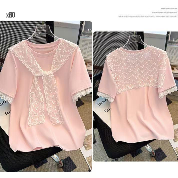 Women's Plus Size Doll Collar Lace-Up Short Sleeve T-shirt - 2025 Summer Slimming Fashion Top