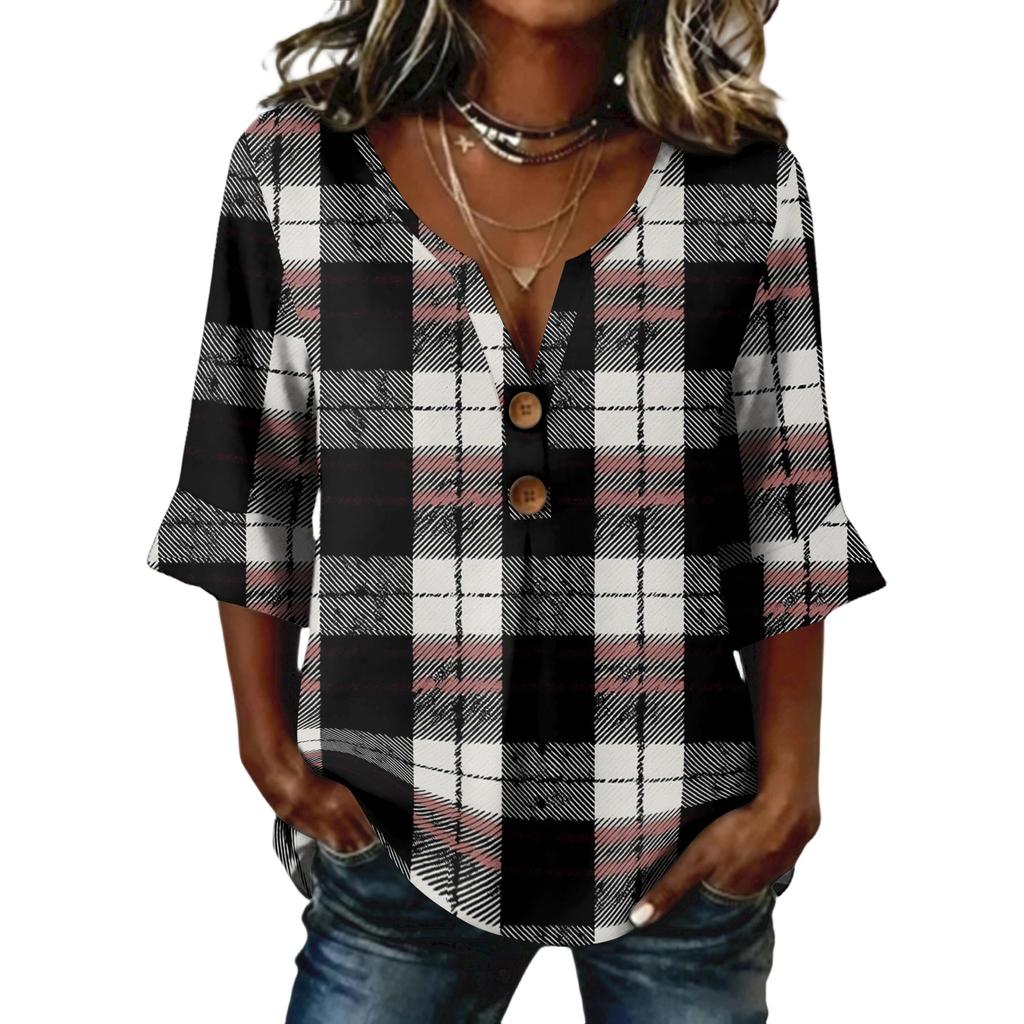 Ladies' plaid printed button casual V-neck fashionable seven quarter sleeve top