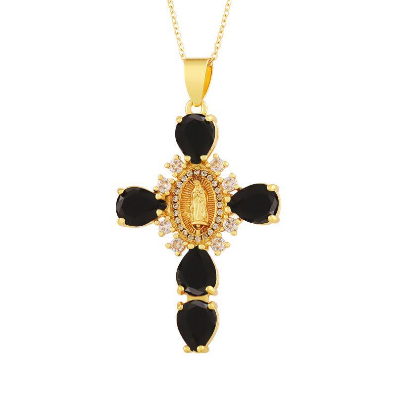 Copper Plated 18K Gold Cross Pendant Necklace with Multi-color Zircon Embellishments