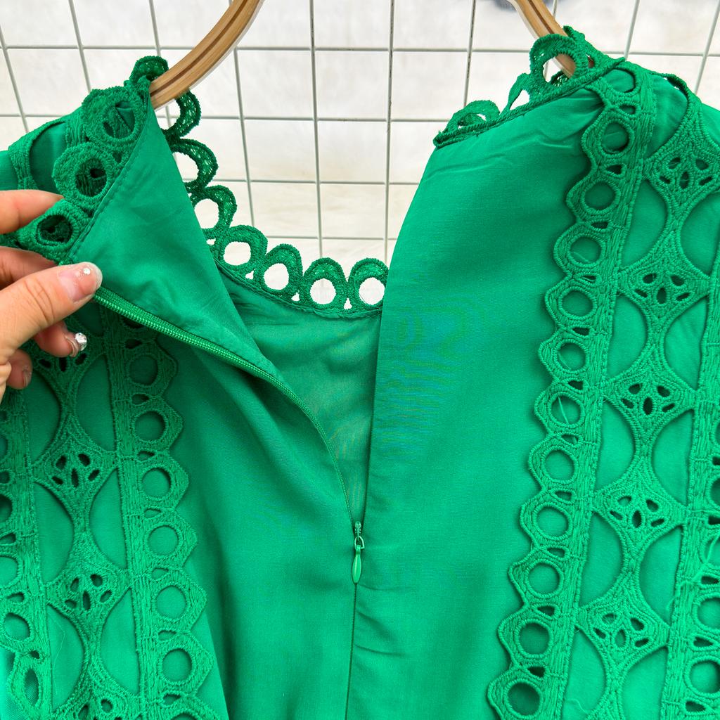 Court Style Elegant Dresses for Women Crochet Lace Hollow Out O-neck Lantern Sleeve Female Vestidos A-line Belted Dress Dropship