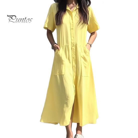 

Женское платье с лацканами, коротким рукавом, однобортное, повседневное платье с карманами, однотонное, свободного кроя, платье-рубашка S жёлтый
