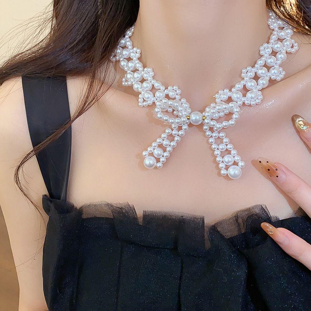 Imitation Pearl Clavicle Chain Women Bead Collarbone Chain Fashion Bow Necklace  Girls