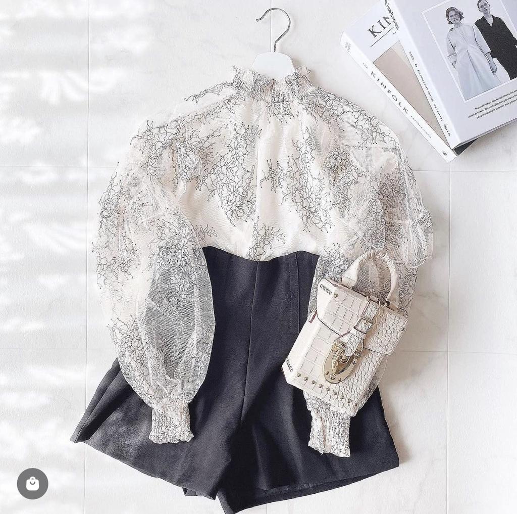 Shoulder Ruffle Lace Floral Sheer Ruffle Office Korean Fashion [KOREARU] Top, Women's Top, Blouse, Print, Shirt, Blouse, Blouse, Top,