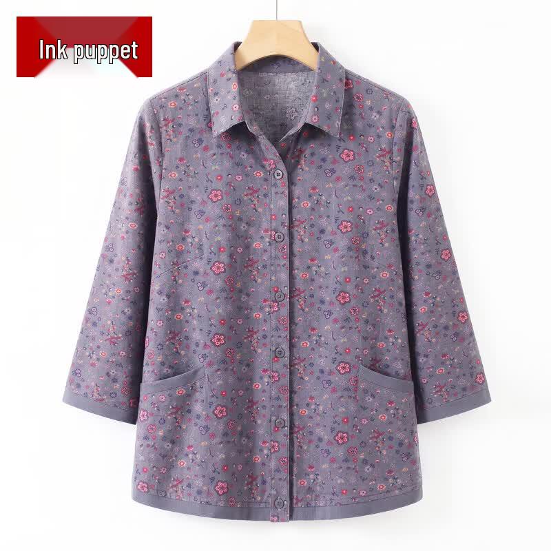 Elderly Women s Floral Print Seven-Sleeve Cardigan Blouse L
