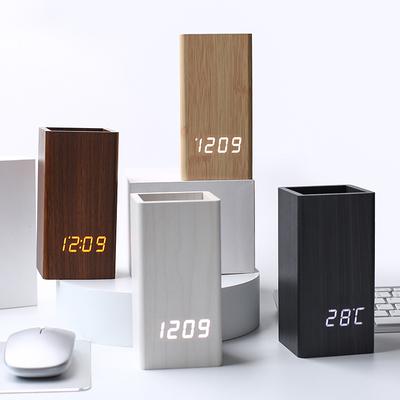 Creative Pen Holder Electronic Clock Stationery Storage Box Wooden Voice Controlled Alarm Clock Digital Clock Office Desktop Pen Holder