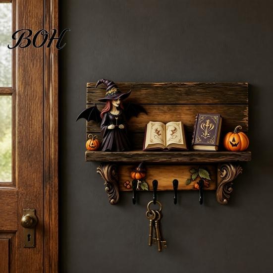 Functional Wooden Key Storage Halloween Holder, Lady Ghost Holder with 4 Hooks, Wall Home Decor Mounted Spooky Rack Organizer for Entryway Hallway