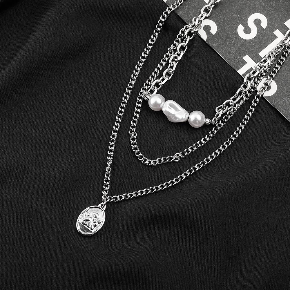 

Original Stainless Steel Three-Layer Titanium Angel Pendant Pearl Hip Hop Necklace