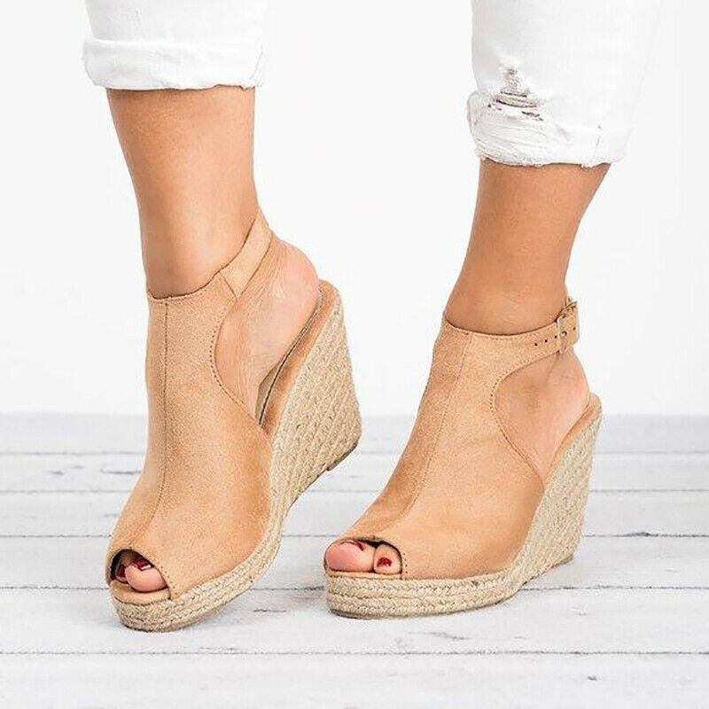 Elegant Women's Sandals Casual Wedges Heel Straw Platform Peep Toe Ladies Buckle Shoes