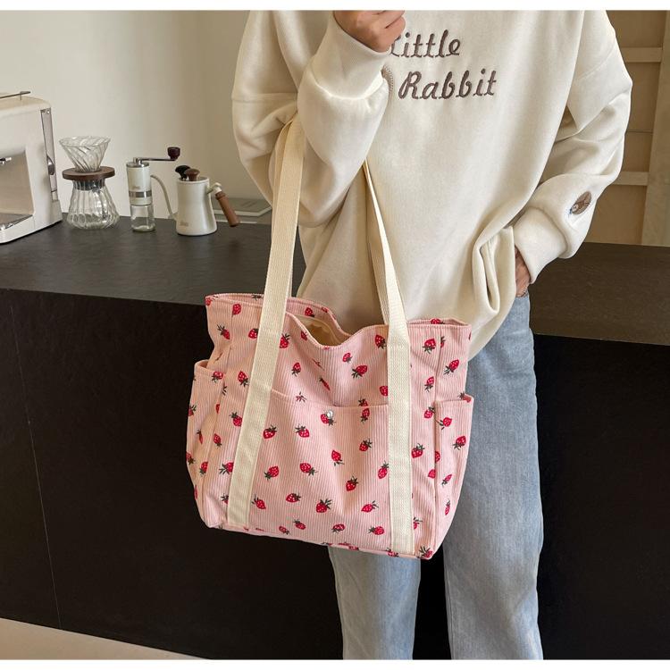 Strawberries Corduroy Handbag Sweet Women's Bag Fashionable Versatile Shoulder Bag Beautiful Simple Commuter Women's Tote Shopping Bags