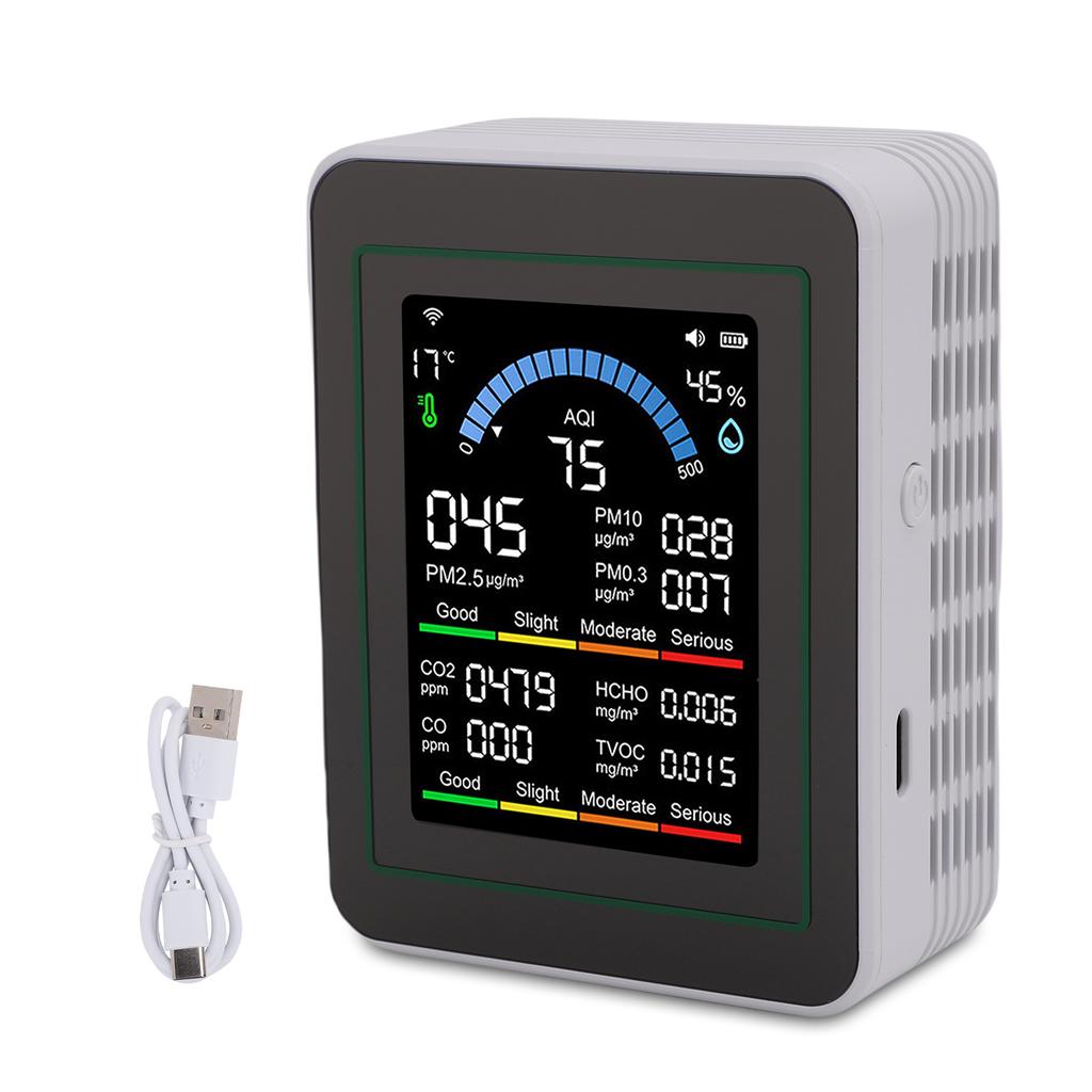 10 In 1 Air Quality Monitor, Color LCD Screen Indoor PM0.3 PM2.5 PM10 CO CO2 HCHO TVOC Temp Humidity Detector Fit for