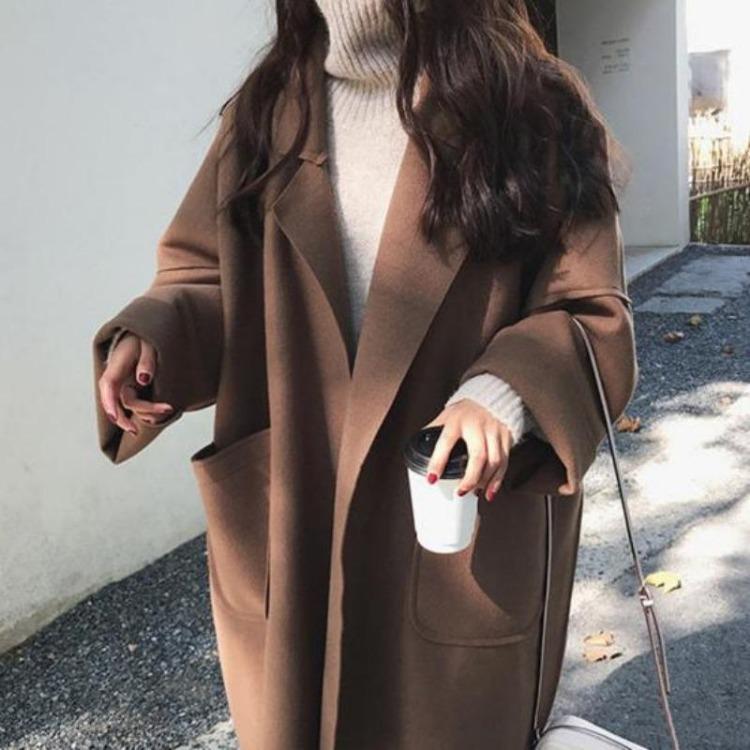 Cappotto Invernale da Donna Taglie Forti Ispessito Ampio Collo a Revers Maniche Lunghe Monocolore Prova Freddo Tasche Collo a Tacca Capospalla