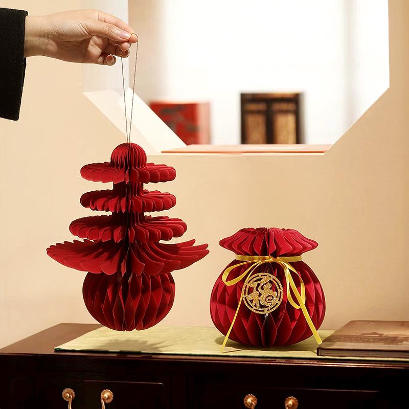 Red Lanterns Chinese New Year Decorations 2026 Folding Honeycomb Ball Paper Lanterns Spring Festival Hanging Pendant