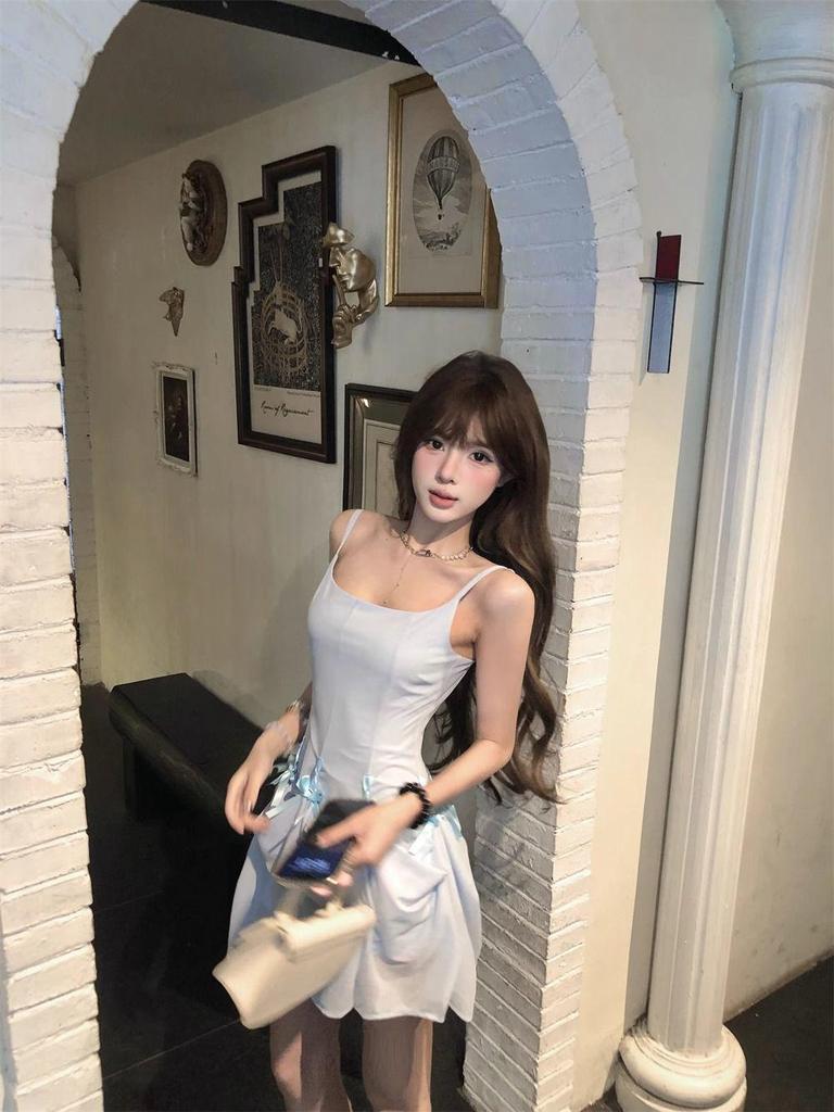 Summer French Bow Strap A-line Dress for Women - Blue Multi-wear Short Skirt
