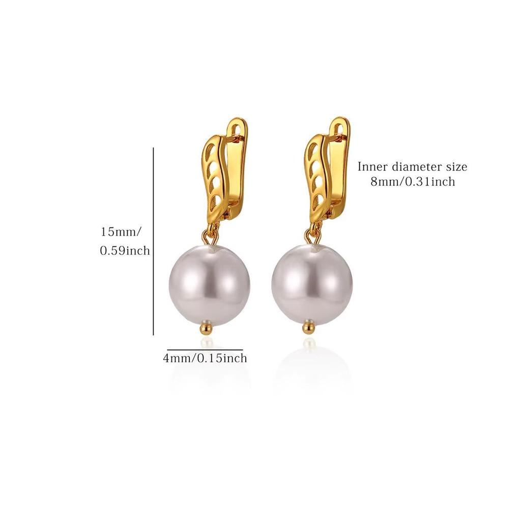 Cross Retro Pearl Temperament Earrings - 18K Gold Plated Stainless Steel with Diamond Inlaid Mother-of-Pearl Heart Bow Design