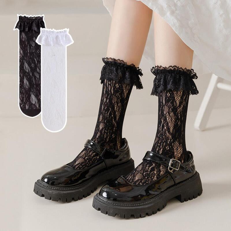 Summer lace floral pattern mesh socks for women, see-through black