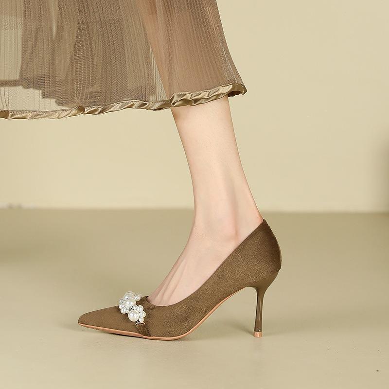1-Pointed High Heels Women's Stiletto Pearl Single Shoes Temperament Celebrity Solid Color Super High Heel Suede