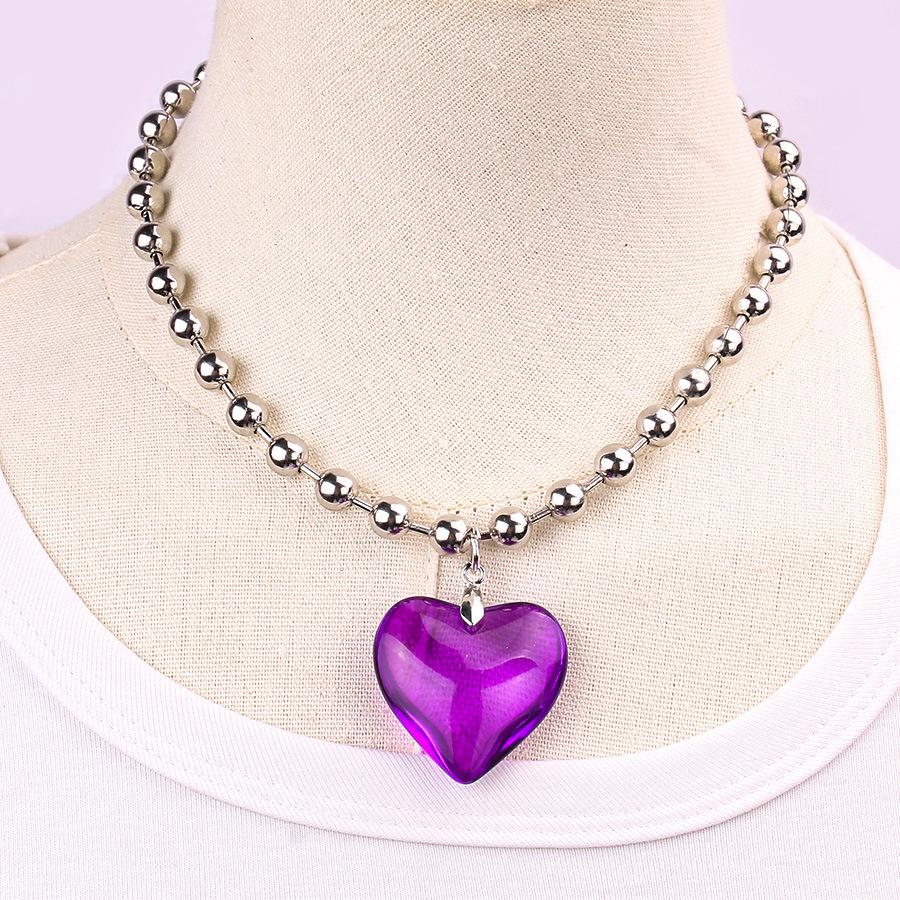 6 Colors Hip Hop Colorful Love Heart Pendant Necklace Women Punk Silver Color Beads Chain Grunge Jewelry Accessories Steampunk