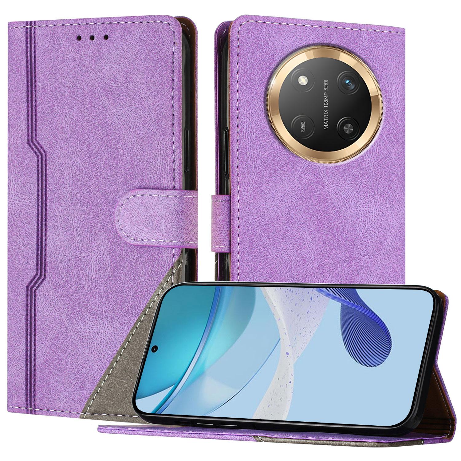 

For Honor X9c 5G Leather Case Triangle Patchwork Wallet Stand Shockproof Phone Cover Purple